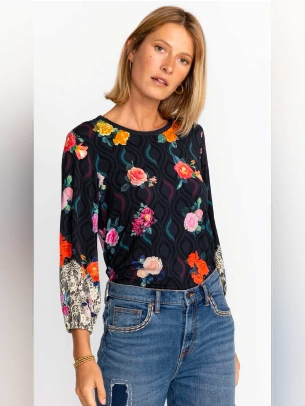 Johnny Was Rose Lace Puff Sleeve Top – Boho Floral Stretch Knit-Medium